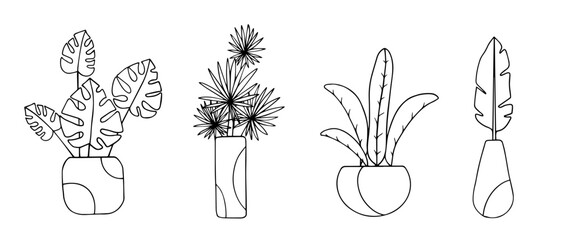 Tropical leaves in flowerpots. Linear sketches, coloring pages of various plants. Vector graphics.	