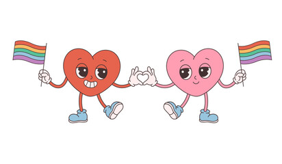 Obraz premium Trendy retro cartoon heart characters. Groovy style, vintage, 70s 60s aesthetics. Happy Valentines day, gay couple with LGBT flag. Vector illustration