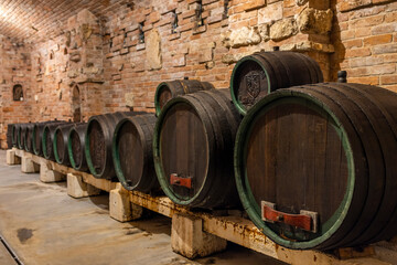 Wine cellars with barrels in Rakvice, Southern Moravia, Czech Republic
