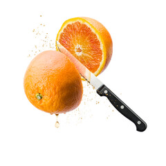Sliced floating orange fruit with knife with juice drops, isolated on white background. 