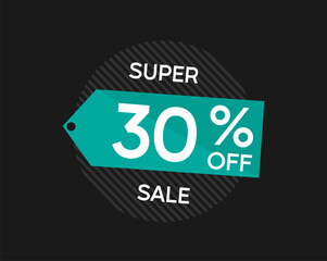 30% coupon discount. Vector price reduction with thirty percent off.