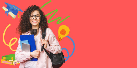 Young curly student woman wearing backpack glasses holding books and tablet over isolated pink background. Trend vector illustration collage. - 567786135