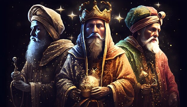 The Three Magi. Generative ai, The sages from the east sit on camels and look at the Star of Bethlehem