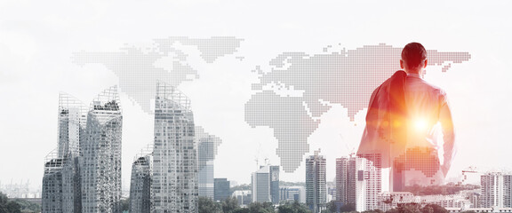 Concept of business success and control with confident boss against cityscape background