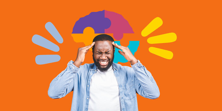 Stressed african american man feel pain having terrible strong headache concept, tired upset guy massaging temples suffering from migraine isolated on orange background. vector collage illustration. - Powered by Adobe
