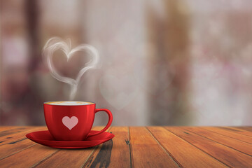 Valentines week special illustration idea. Heart shape of steaming coffee cup. Bokeh Effect. Empty Space.
