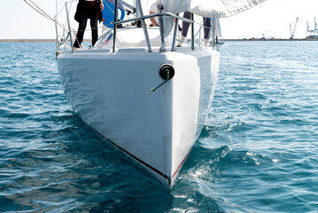 Front close-up view of a yacht bow