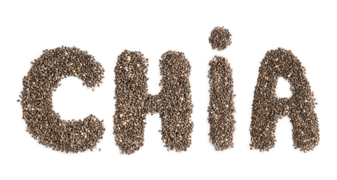 Heap of dry raw healthy chia seeds arranged in letters and word isolated on white background used as functional ingredient in smoothies, breakfast cereals, energy bars, granola, yogurt, pudding