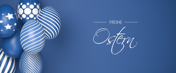 Easter Eggs with different textures in classic blue over a seamless blue background. Text "Happy Easter" in German "Frohe Ostern".