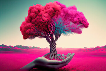 Surreal pink landscape with hands holding a colorful tree