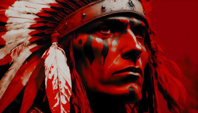 Portrait - closeup of a Young Man Wearing a Warbonnet - red, white and gold colors