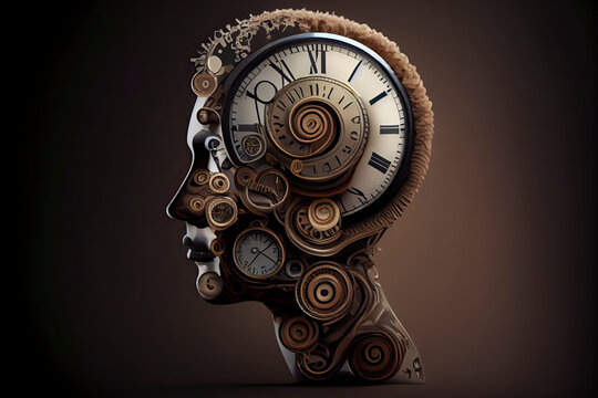 Time To Plan And Implement Business Concept, Action Group Of Clocks In The Shape Of A Human Head With A Winding Key With 3D Rendering Elements