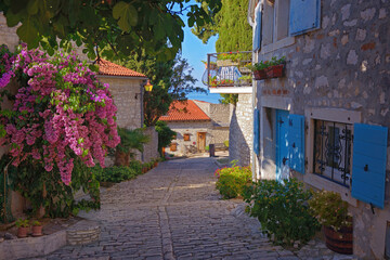 Fototapeta na wymiar Street of Rovinj with calm, colorful building facades, Istria, Rovinj is a tourist destination on Adriatic coast of Croatia