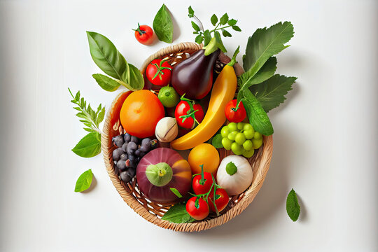 Healthy food in a basket, studio shot of different fruits and vegetables isolated on a white background