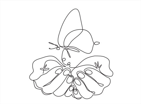 Single continuous line of hands holding butterfly on a white background. Black thin line of the hands with  butterfly. Freedom concept.