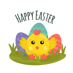 Easter card, cute cartoon characters chicken. Vector graphic. Happy Easter day cards with eggs and chicken. For Easter decoration, printing, web page, gifts. Cute amazing greeting card.