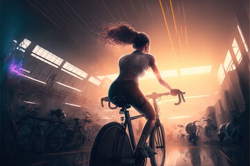 Plakat A young woman rides a bike in the gym. Generative ai