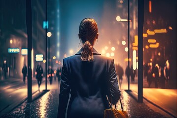 An elegant businesswoman walks by in the downtown at night. Generative ai