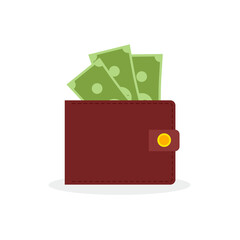 Money wallet full of cash. Brown purse icon for bank, finance, investment. Dollar banknote. Vector illustration isolated on white background.