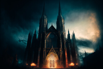 Fototapeta premium A grand and imposing cathedral, with a dramatic entrance and soaring towers