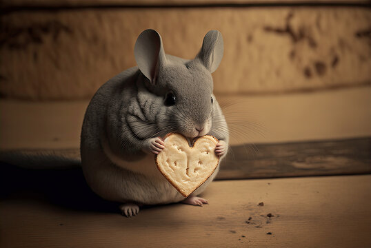 illustration of a chinchilla eating heart shaped cookie. Generative AI image.	