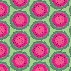 Tropical fruits pattern. Dragon fruit. Fruit cut background. Decorative seamless pattern for wrapping paper, wallpaper, textile, greeting cards and invitations.