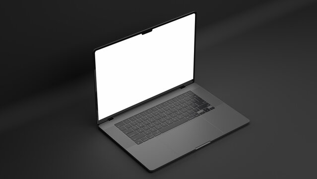 MacBook Pro M2 mockup. Laptop on dark background. Notebook on black background. Blank screen. Display Template