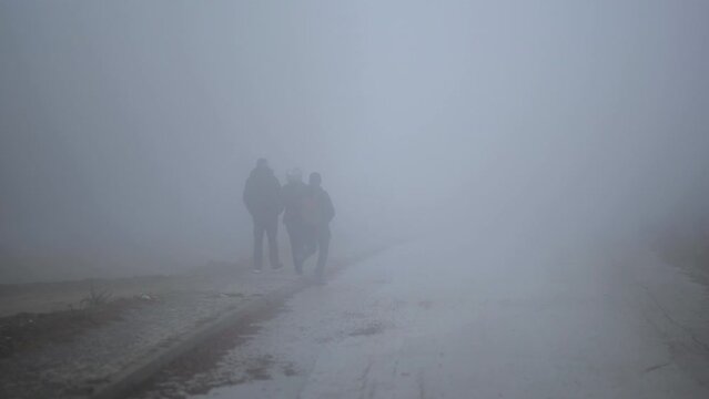 Group of people in a strong fog walking on a meadow