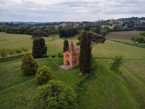 Aerial view of church, Pomelasca, Inverigo, Como, Brianza, Lombardy, Italy