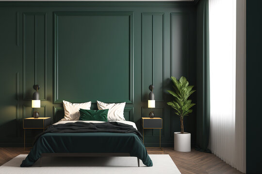 A mock up of a modern classic bedroom interior including a dark green classic wall panel and a wooden floor could be found in a hotel, condominium, apartment, house, or villa. Generative AI