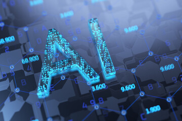 AI artificial intelligence concept. Technological inscription AI. Deep machine learning. The development of artificial intelligence. 3D rendering.