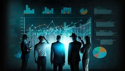 a group of business people in front of a graph, team work, brain storming 