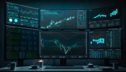 multiple computer screens, trading charts , diagrams, candle sticks on them, trading