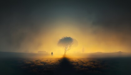 Beautiful sunset on a field with a tree in the middle, background banner, Yellow Black Golden
