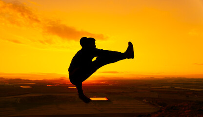 Silhouette of a man suspended in the air performing a martial arts flying kick. Behind him is the...