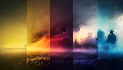 montage of a field with colours of the seasons., with smoke, mist and clouds, Background Banner