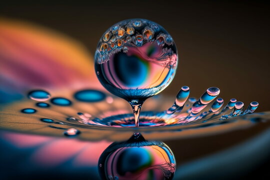 Beautiful water droplet. The clean and transparent droplet, suspended on a smooth surface, with Generative AI technology