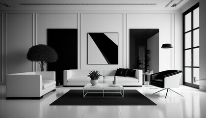 modern living room, minimalistic style, black and white, simple