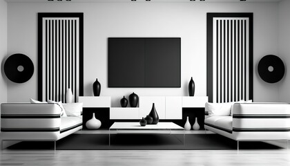 modern living room, minimalistic style, black and white, simple