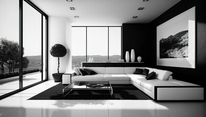 modern living room, minimalistic style, black and white, simple