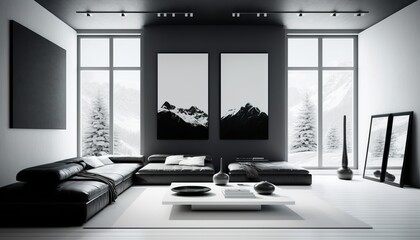 modern living room, minimalistic style, black and white, simple