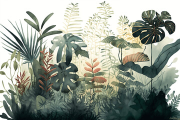Jungle watercolor painting, Plants on a clear white background