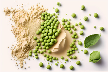green peas with the protein power of green peas, the concept of plant protein isolated on a white background. Top view flat lay Generative AI - obrazy, fototapety, plakaty