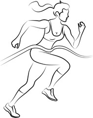 A young winning athlete tears the ribbon at the finish of the race. Black outline. scheme. logo.