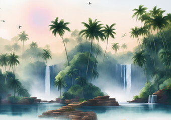 Natural landscape watercolor drawing, waterfall, palm trees and birds