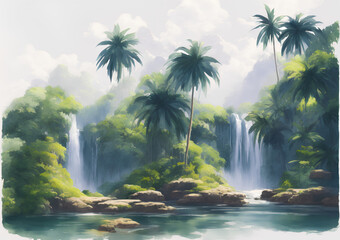 Natural landscape watercolor drawing, waterfall, palm trees and birds