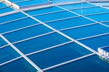 Figured glass roof, blue glass on the roof of the building