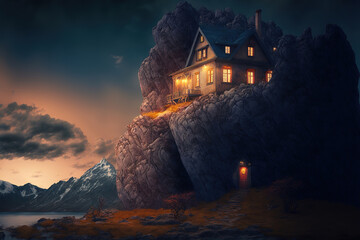 Fototapeta na wymiar landscape with castle at night.Generative Ai