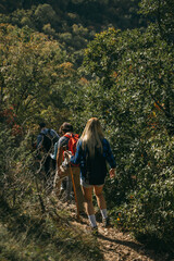 Fototapeta premium Hikers walking down frtom the mountain