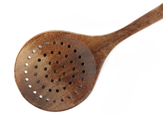  new wooden spoon for soups isolated on white, top view